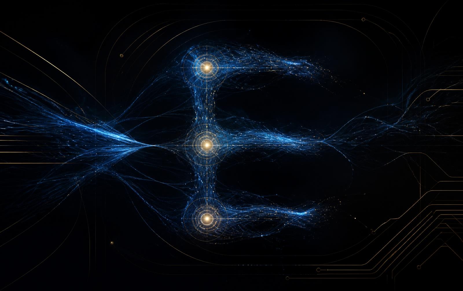 Rede abstrata de inteligência criativa em azul e dourado
